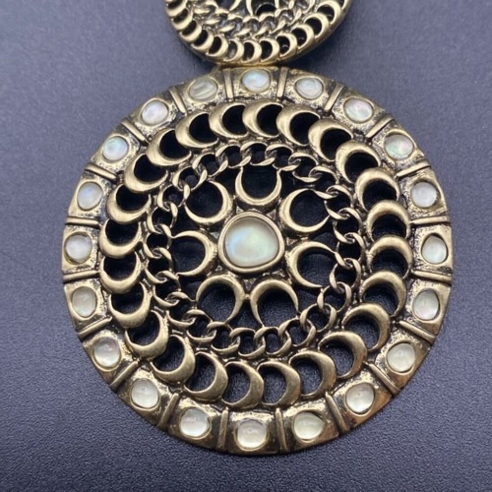 Lucky Brand Necklace Gold Tone Tribal Double Disk Crescent Faux Moon Stone 29+2" - Picture 7 of 8